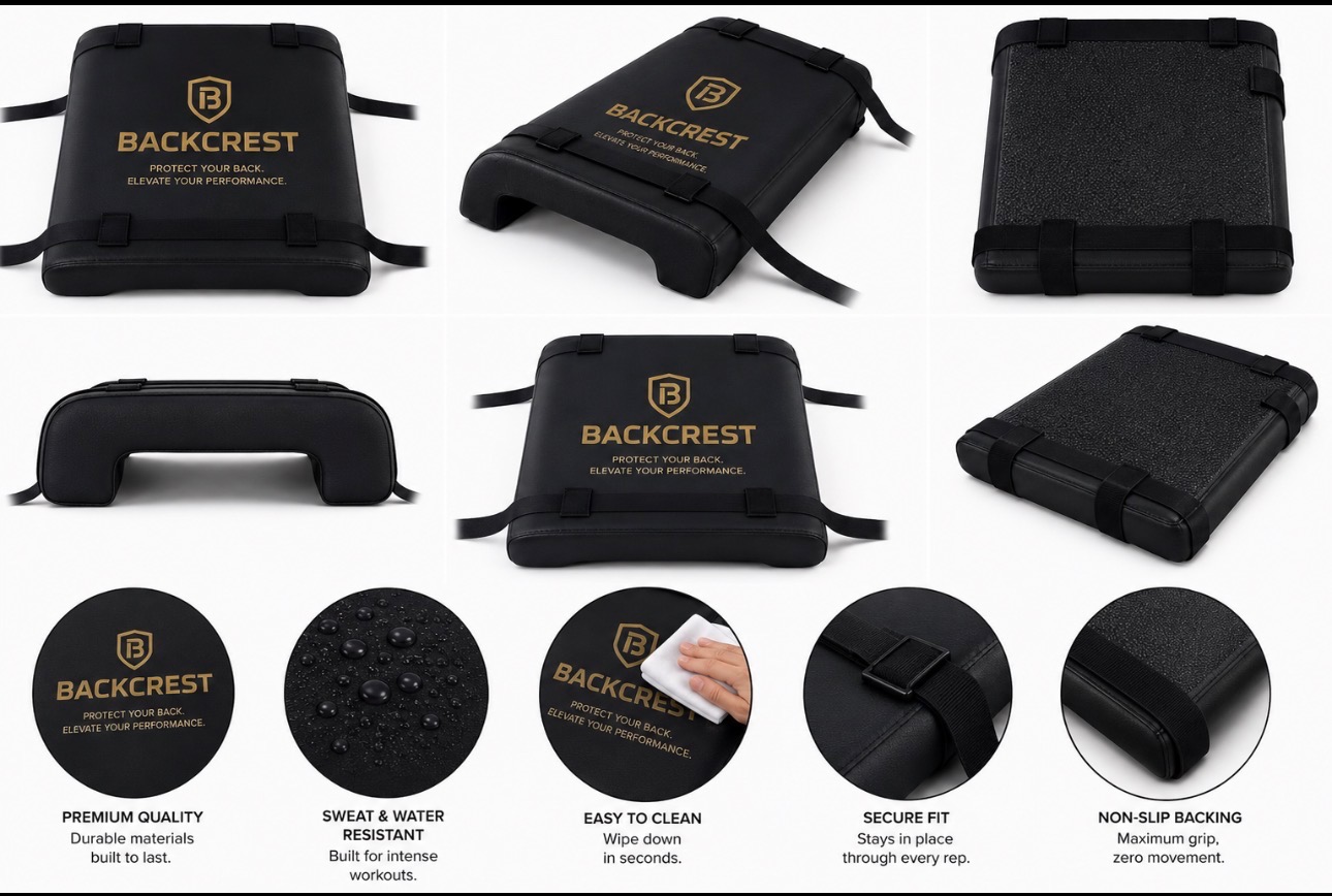 BACKCREST workout bench back support pad shown from multiple angles