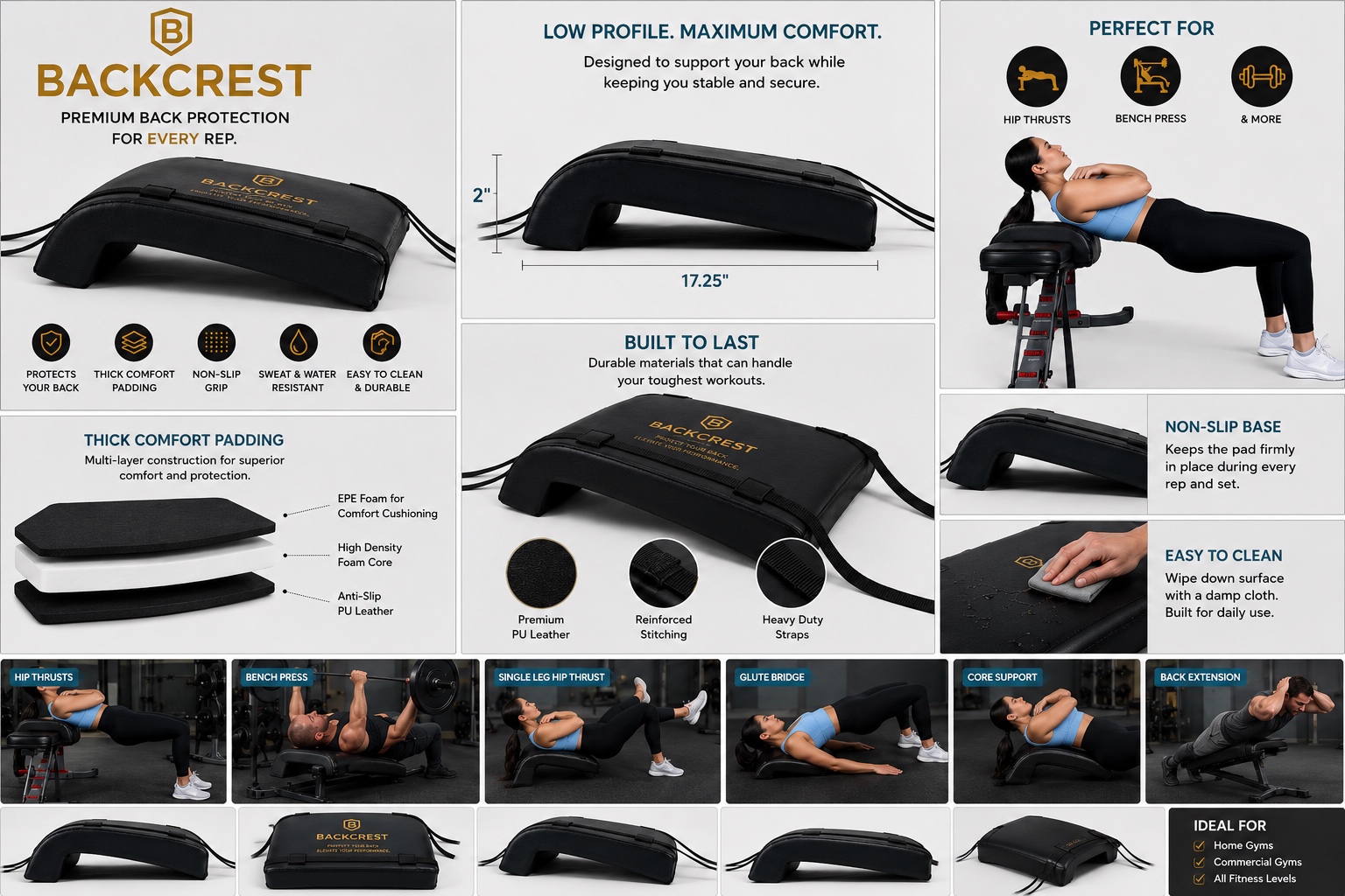 BACKCREST construction, features, dimensions, and exercise uses