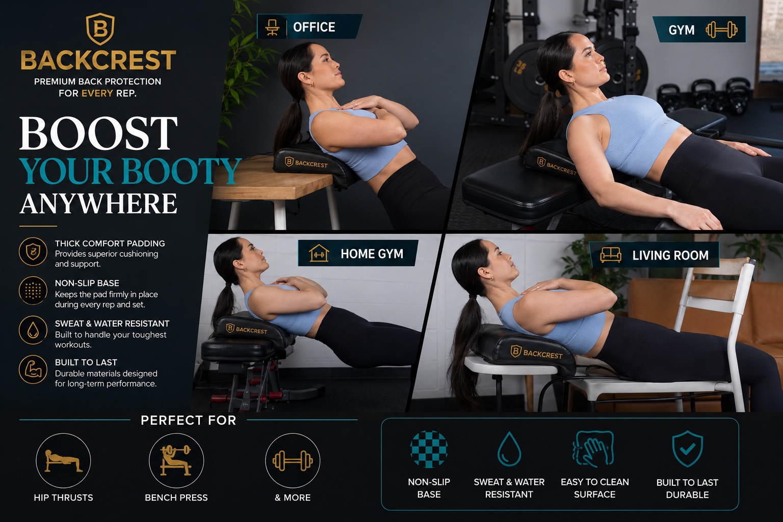BACKCREST used in office, gym, home gym, and living room settings